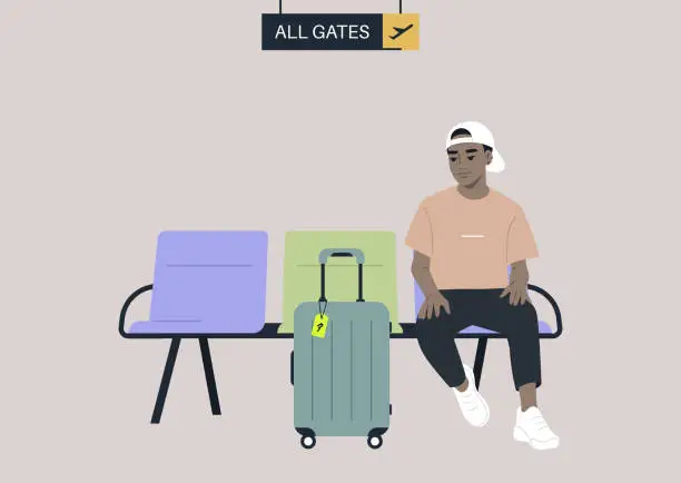 Vector illustration of A passenger waiting for departure in the airport lounge with their cabin luggage, all gates sign hanging from the ceiling