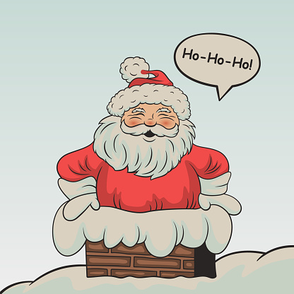 Smiling Santa Claus in a Chimney in Retro Cartoon Comic Style. Merry Christmas and Happy New Year Holiday Greeting Card with Happy Laughing Santa.