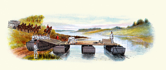 Vintage illustration Victorian British army, Royal Engineers building pontoon bridge over a river, 1890s, 19th Century