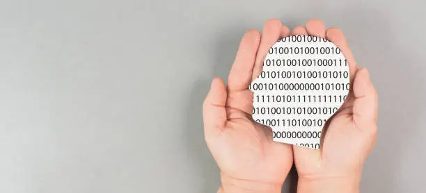 Photo of Head with software code, digitization and artificial intelligence concept, connect to the web