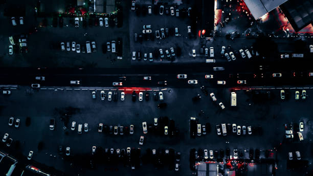 Cars parked tightly in the urban environment of a city center