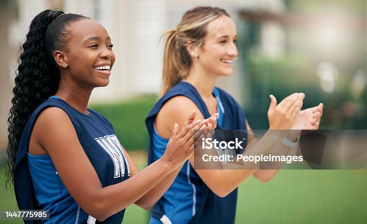 istock Woman, team and cheerleading in applause for motivation, support or encouragement in the outdoors. Happy women cheering and clapping in sports, teamwork and activity with smile in celebration outside 1447775985