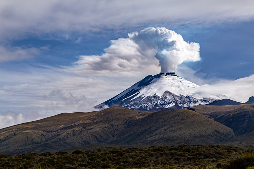 Cotopaxi volcano in eruption of water vapors, seen from the south on November 27, 2022