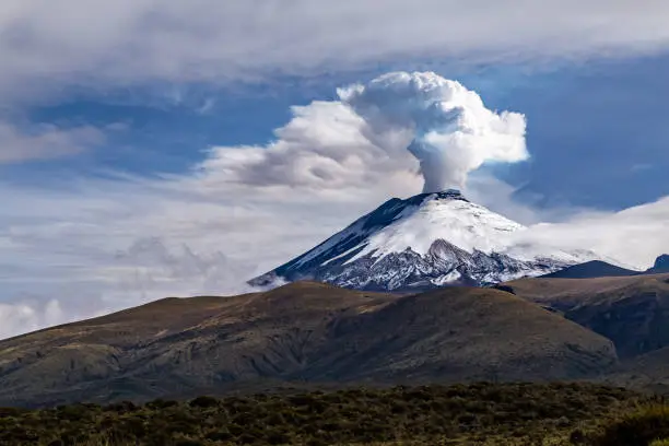Cotopaxi volcano in eruption of water vapors, seen from the south on November 27, 2022