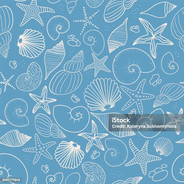 Shell Pattern Star Fish Vector Seamless Pattern Starfish And Seashell On Blue Stock ...