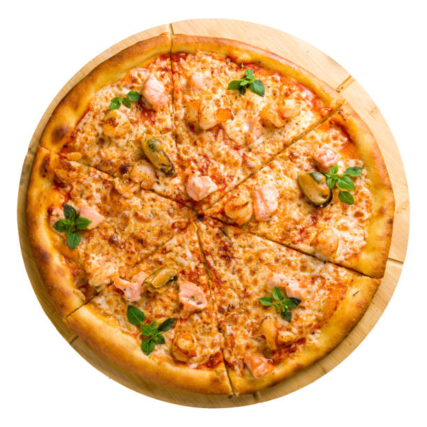 Pizza with seafood and tomato sauce top view isolated on white background