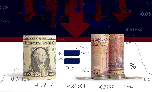 Egyptian Banknotes, Egyptian Pounds, US Dollars, Price Falling Concept