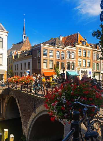 Picturesque summer view of streets and canals at Utrecht town at summer day, Netherlands