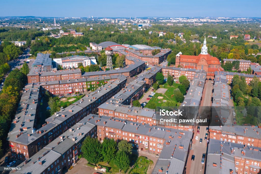 Aerial view of Nikiszowiec residential district in Katowice Aerial View Stock Photo