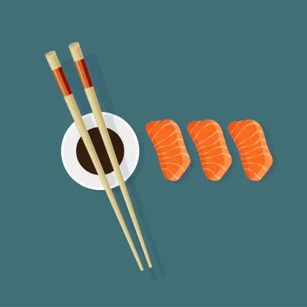 Vector illustration of Chopsticks, soy sauce and sliced salmon fish.