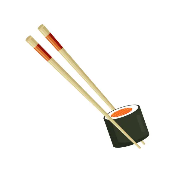 Vector illustration of Chopsticks holding salmon sushi maki roll.