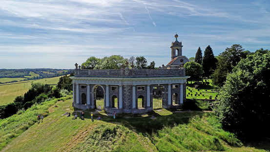 Aerial view of The Dashwood Mausoleum, built by Sir Francis Dashwood, on West Wycombe Hill, West Wycombe, Buckinghamshire, United Kingdom. 24th of June 2018