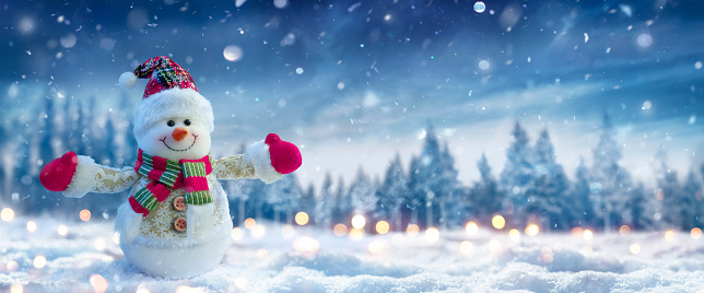Happy snowman, dressed in warm clothes, red mittens, hat and scarf, stands on the snow on winter day. Winter or Christmas background or banner with defocused highlights.