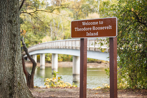 Washington, DC USA - November 3, 2014: Welcome sign at Theodore Roosevelt Island, a national park honoring the namesake President