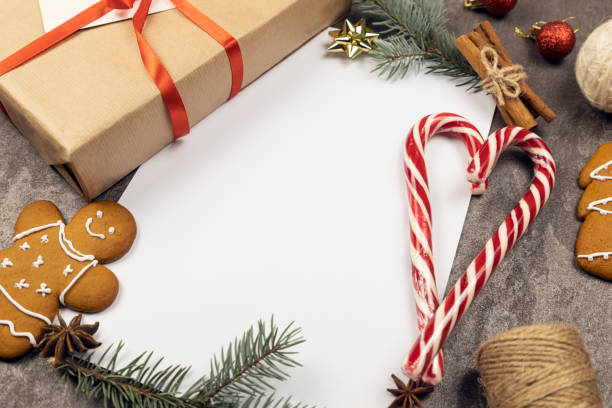 A wonderful composition with Christmas decorations and a blank card in the middle. Merry Christmas and Happy New Year.