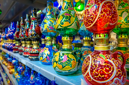 Colorful glass oil lamp souvenirs in Hebron, West Bank, Palestine.