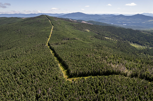 International border follows forest ridgeline between USA and Canada in Woburn, Québec, Canada