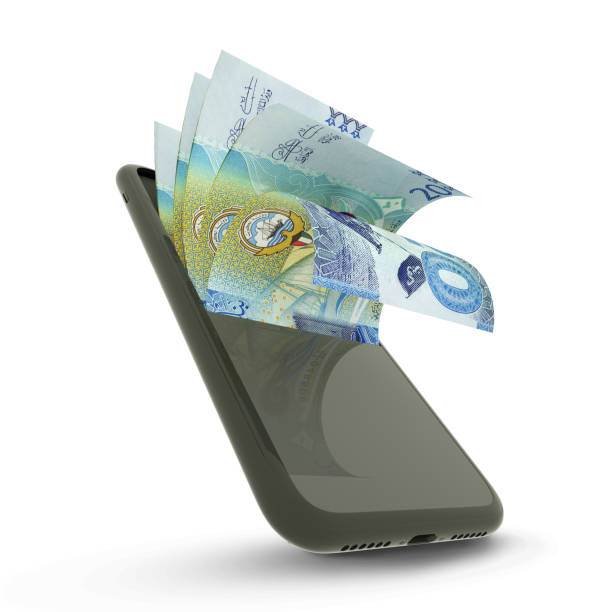 istock 3D rendering of Kuwaiti dinar notes inside a mobile phone isolated on white background 1447789482