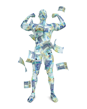 3D rendering of human figure made up of Kuwaiti dinar notes