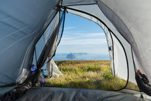 View from tent on Hellsegga, Lofoten Islands, Norway in Moskenes, Nordland, Norway