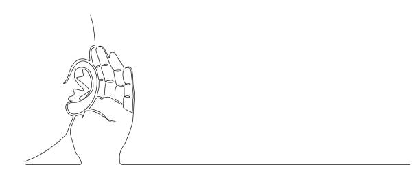 eine durchgehende linienzeichnung des menschlichen ohres. icon symbol der pflege hören gesundheit und sensorische hilfe in einfachem linearen stil. maskottchen-konzept für den welttaubstag editierbaren schlaganfall. doodle vektor illustration - hören stock-grafiken, -clipart, -cartoons und -symbole