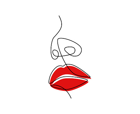 One continuous line drawing of lips with red lipstick. Modern face portrait of makeup in simple linear style. Mascot icon for posters, cards, banner, template, web. Doodle vector illustration.