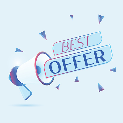 Best offer text with 3d realistic megaphone vector illustration. Banner template to announce news about webinar in social media, training course, marketing technology poster. Vector stock illustration
