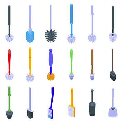 Toilet brush icons set isometric vector. Home bathroom. Clean equipment