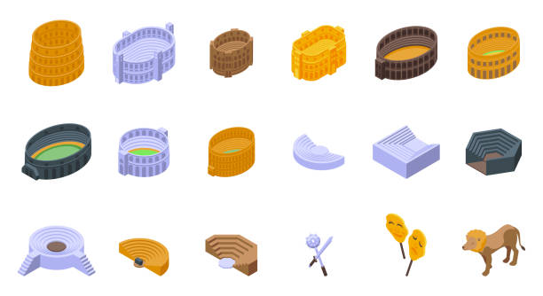 ilustrações de stock, clip art, desenhos animados e ícones de amphitheater icons set isometric vector. arena italy - amphitheater