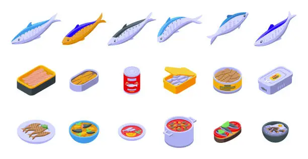 Vector illustration of Sardine icons set isometric vector. Can fish