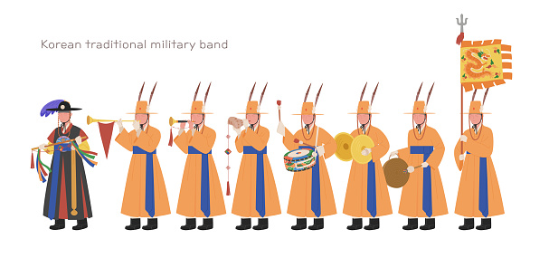 Korean traditional military band. Soldiers in traditional costumes are playing traditional musical instruments.