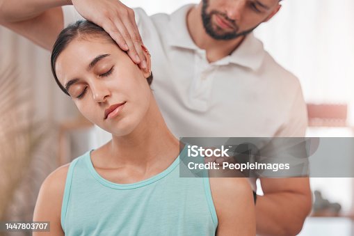 istock Physiotherapy, neck pain and stretching with woman and doctor for healthcare, chiropractic or consulting. Massage, wellness or medical with man and patient exam for rehabilitation, healing or therapy 1447803707