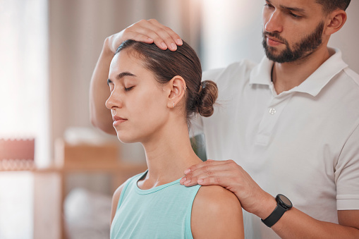 Neck pain, physiotherapy or woman and therapist consulting, massage or medical healthcare support, help or care. Medicine, wellness or girl head injury for muscle physical therapy or helping patient