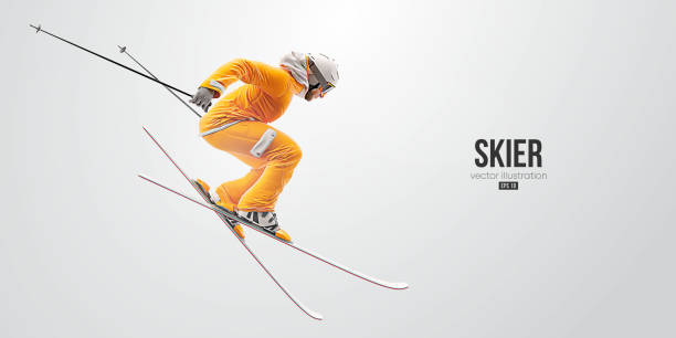 Realistic silhouette of a skiing on white background. The skier man doing a trick. Carving Vector illustration Realistic silhouette of a skiing on white background. The skier man doing a trick. Carving Vector illustration alpine skiing stock illustrations