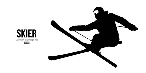illustrazioni stock, clip art, cartoni animati e icone di tendenza di siluetta astratta di uno sci su sfondo bianco. lo sciatore che fa un trucco. illustrazione vettoriale di intaglio - sci