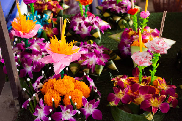 istock Colorful art handmade krathong or floating lantern basket craft for thai people into float at river for forgiveness from Goddess of water in Loy Krathong festival at Wat Sai Yai in Nonthaburi Thailand 1447808117