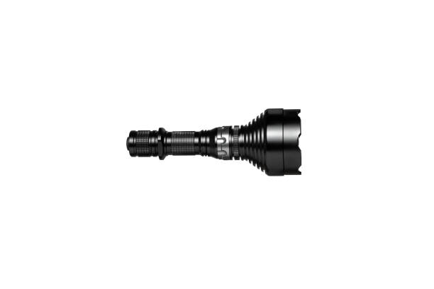 istock Modern metal LED flashlight in black color. Portable flashlight isolate on a white background. 1447811754