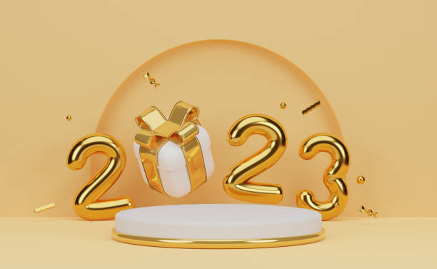 istock Happy New Year 2023. yellow background. 3D rendering 1447812695