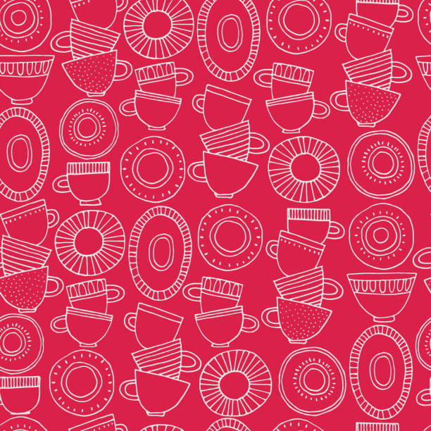 Seamless pattern. Hand drawn Fika cups in Scandinavian style in Color of The Year, Viva Magenta Seamless pattern. Hand drawn Fika koffe cups decorated with patterns in Scandinavian style in Color of The Year, Viva Magenta. For wrapping paper, other design projects food sample cups stock illustrations