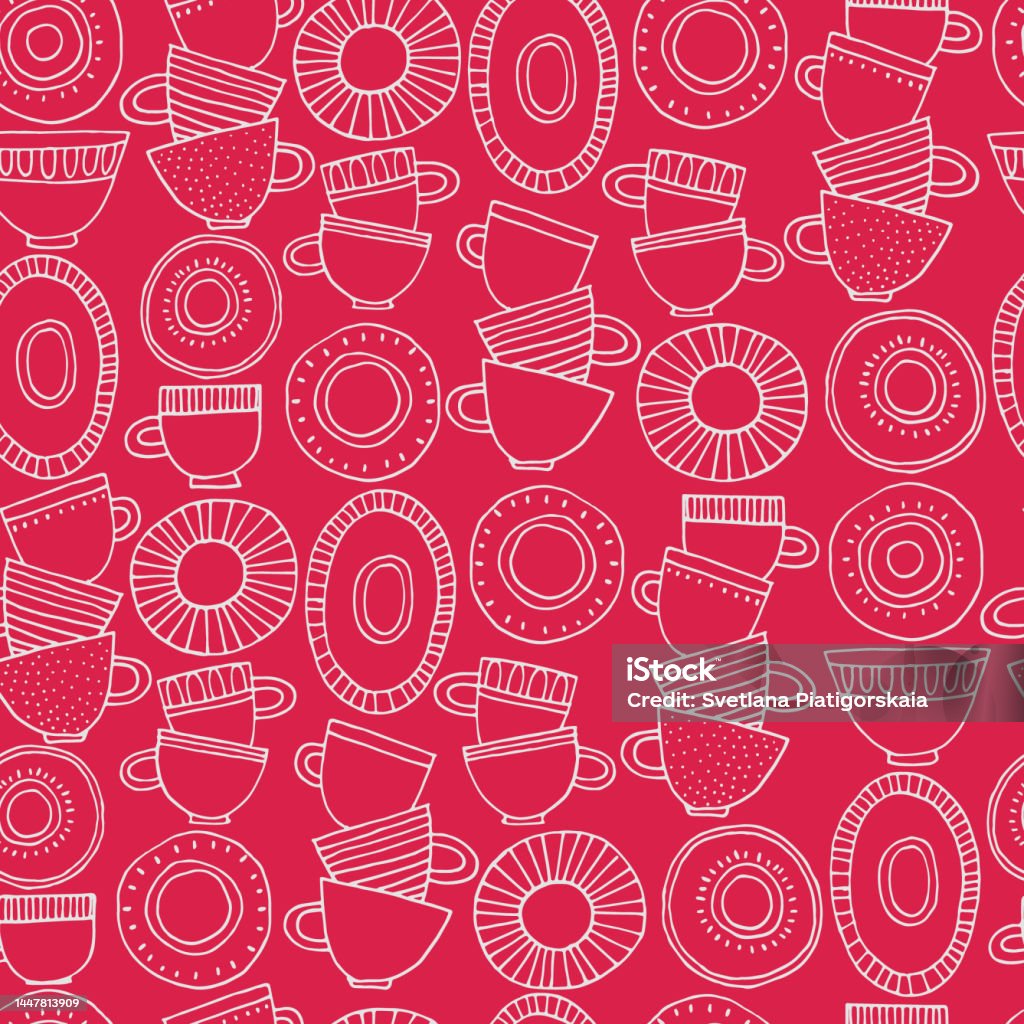 Seamless pattern. Hand drawn Fika cups in Scandinavian style in Color of The Year, Viva Magenta - 免版稅休息時間圖庫向量圖形