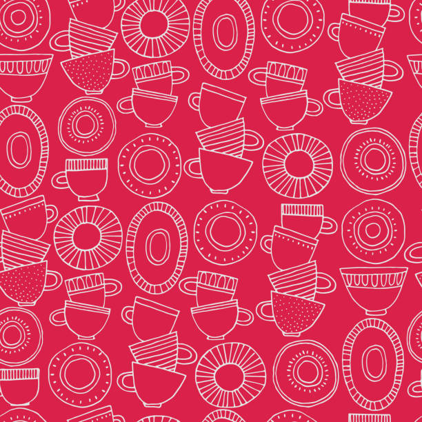 seamless pattern. hand drawn fika cups in scandinavian style in color of the year, viva magenta - viva magenta 幅插畫檔、美工圖案、卡通及圖標
