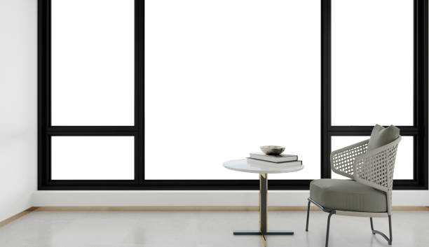 istock Lounge chairs set by large windows, natural light. 3D illustration 1447815037