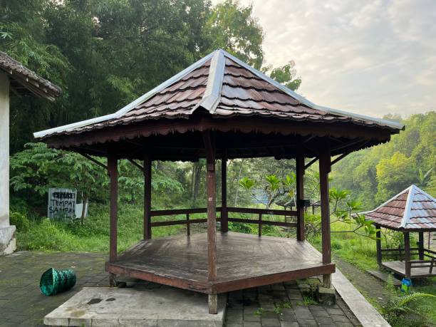 istock A wooden gazebo surrounded by tree. 1447815353