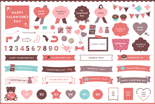 Cute Valentine's Day illustration, frame and ribbon design set. This collection includes speech balloon, doodles, arrows, heart shape, chocolates and more.