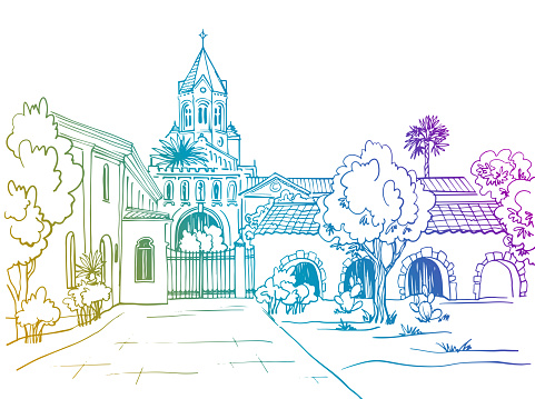 Nice view of the old monastery. France. Hand drawn sketch style. Line art. Ink drawing. Digital illustration. Vector background