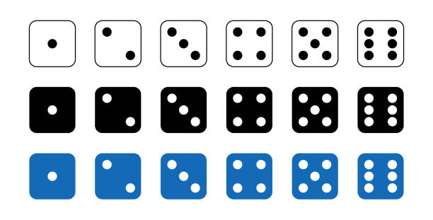 サイコロのグラフィックアイコンセット。白、黒、青のゲームサイコロキューブは1〜6ドットです。カジノ、ポーカーでプレイするギャンブルオブジェクト。立方体の6つの面。1から6までの� - サイコロ点のイラスト素材／クリップアート素材／マンガ素材／アイコン素材