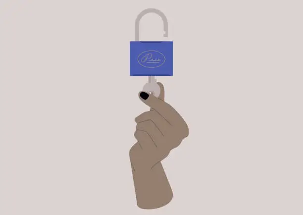 Vector illustration of Hand opening a padlock with a metal key, access granted