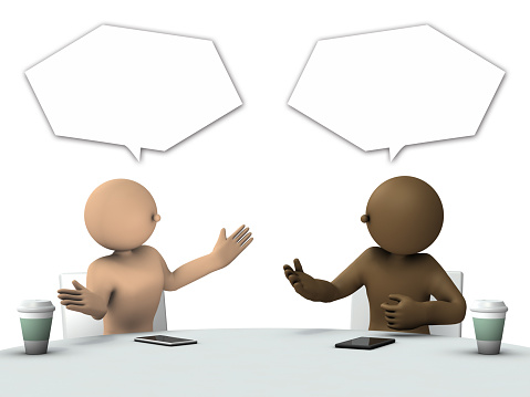 Two businessmen gathered at a round table and chatting openly. Exchange opinions, have coffee breaks, and chat. 3d rendering. white background.