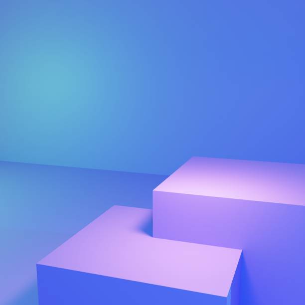 istock 3D rendering. 3d illustration. Abstract, geometric scene with two cubes on a blue square background. 1447830686