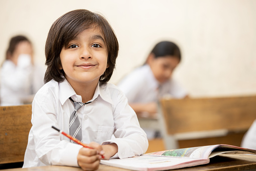 Happy cute little indian school boy holding pencil sitting at desk in classroom looking at camera, Schooling and education concept.